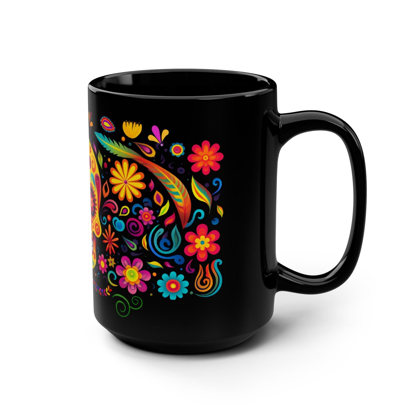 Yellow La Calavera Día de los Muertos Mug | Black Mug, 15oz , Dia De Muerto , Dia de Muertos Decor