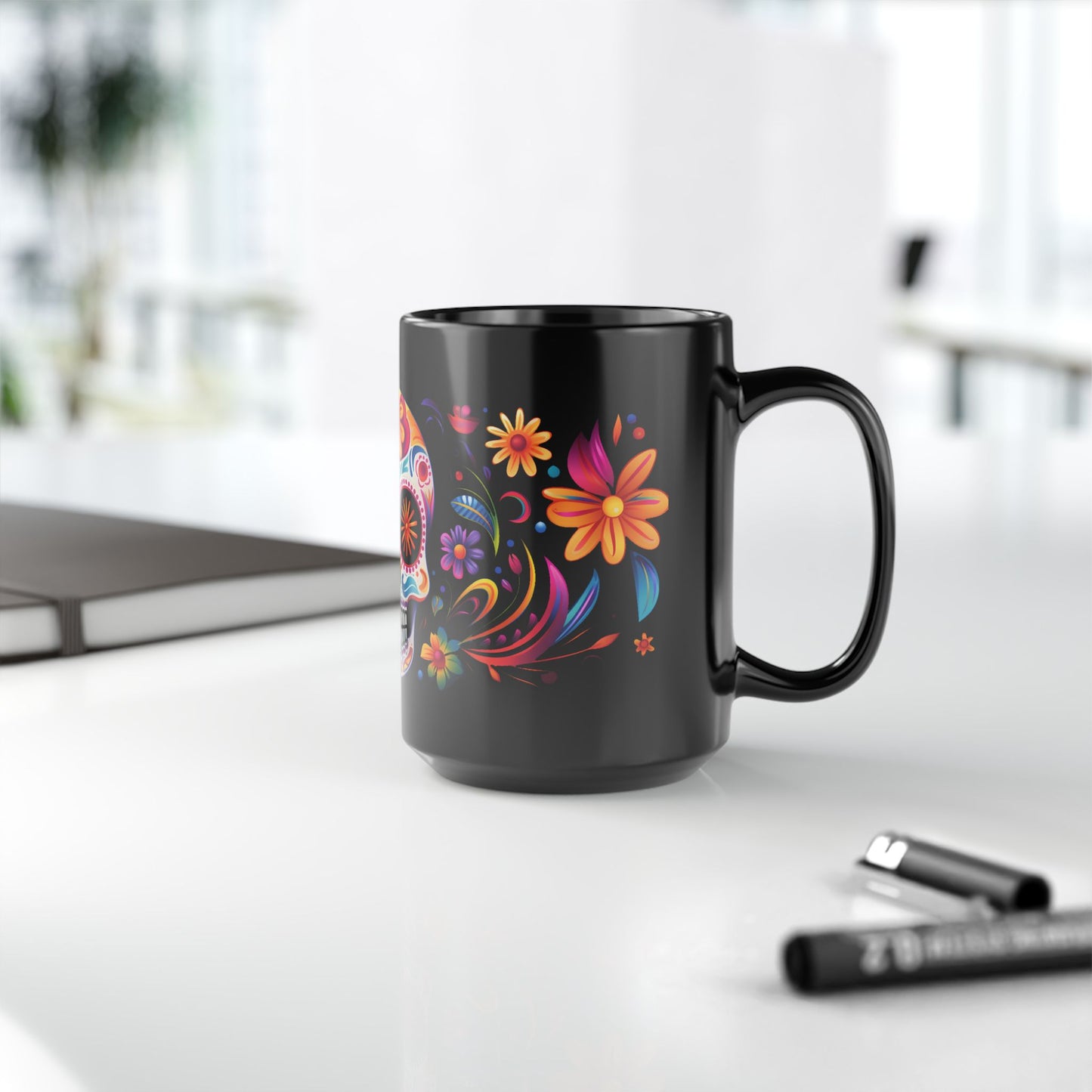 Multi-color Calavera Día de los Muertos Mug | Black Mug, 15oz , Dia De Muerto , Dia de Muertos Decor