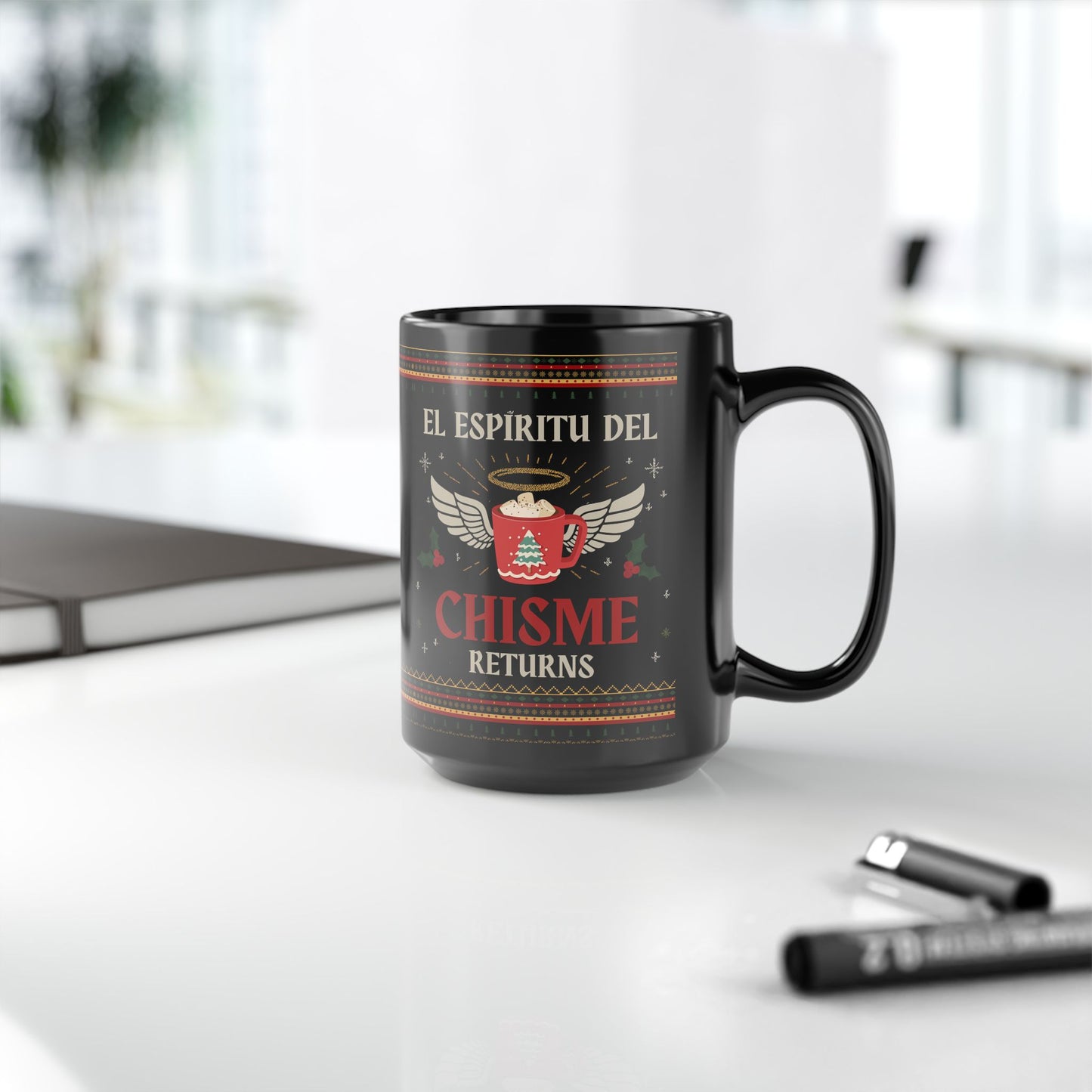 El Espiritu de Chisme Navidad Mug Art | Black Mug, 15oz Tazo de Regalo | Taza de Navidad