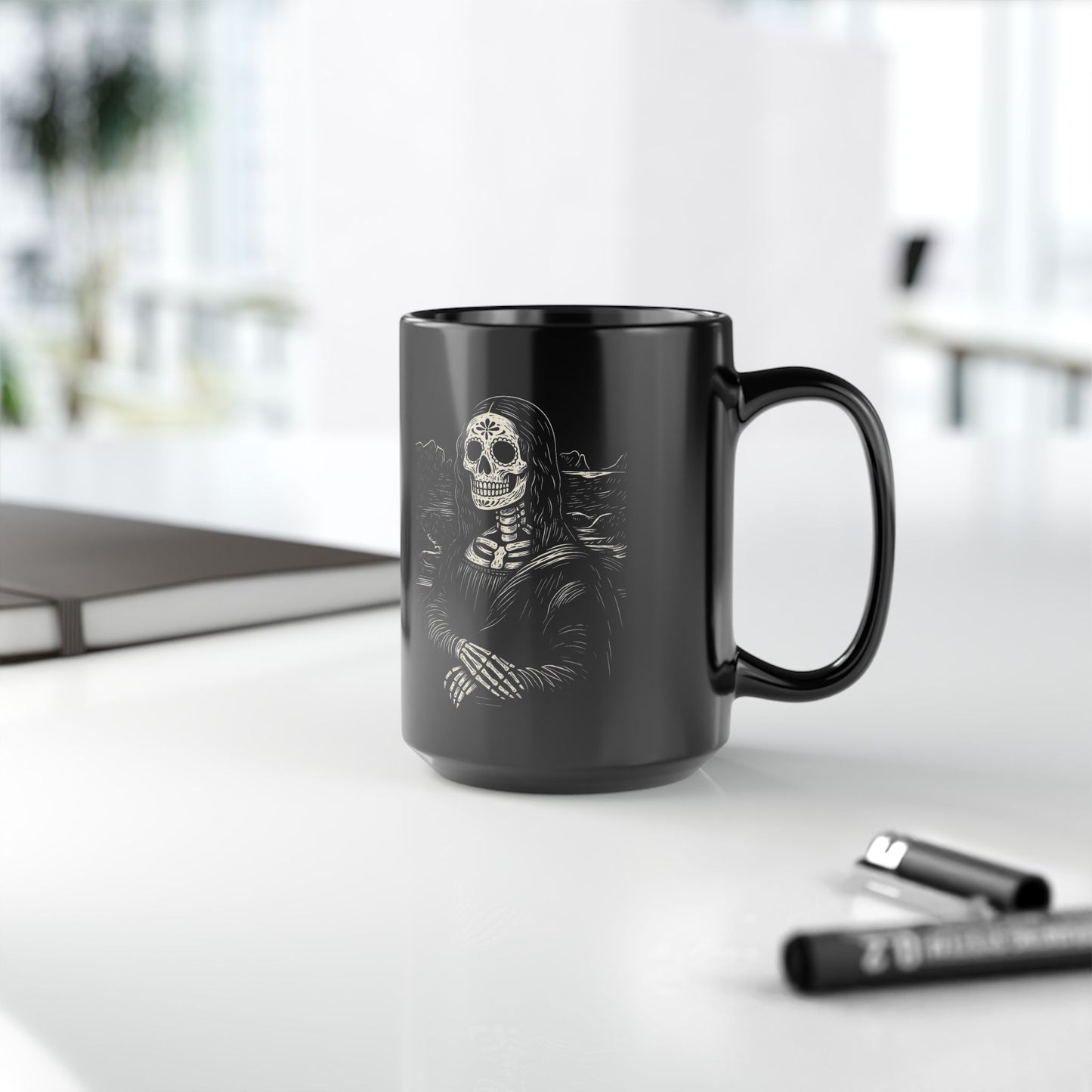 Mona Lisa Calavera Mug, Calavera Otono Fan Art | Black Mug, 15oz