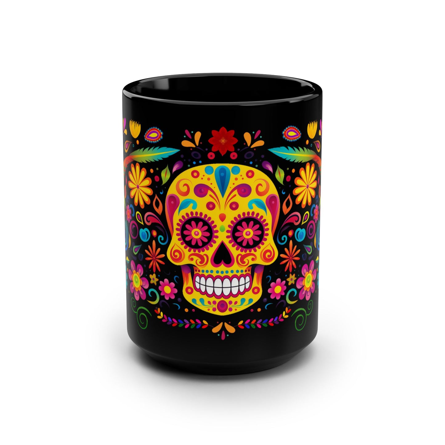 Yellow La Calavera Día de los Muertos Mug | Black Mug, 15oz , Dia De Muerto , Dia de Muertos Decor