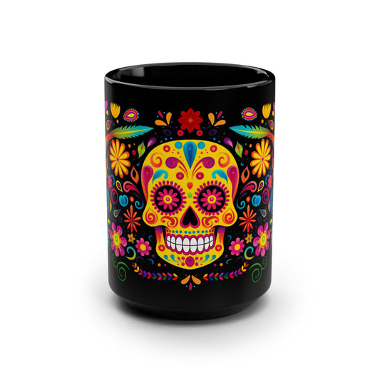 Yellow La Calavera Día de los Muertos Mug — Black Mug, 15oz , Dia De Muerto , Dia de Muertos Decor