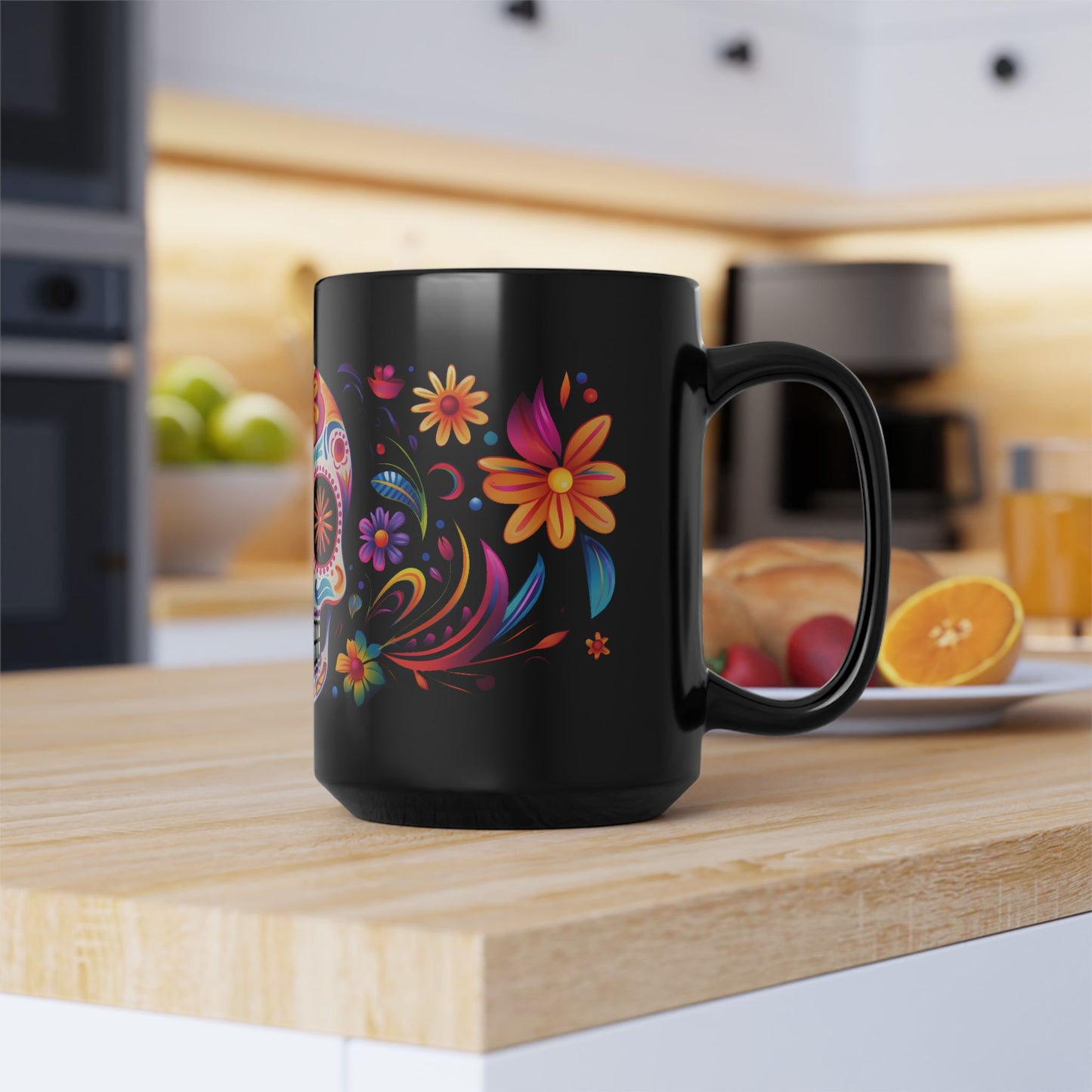 Multi-color Calavera Día de los Muertos Mug | Black Mug, 15oz , Dia De Muerto , Dia de Muertos Decor