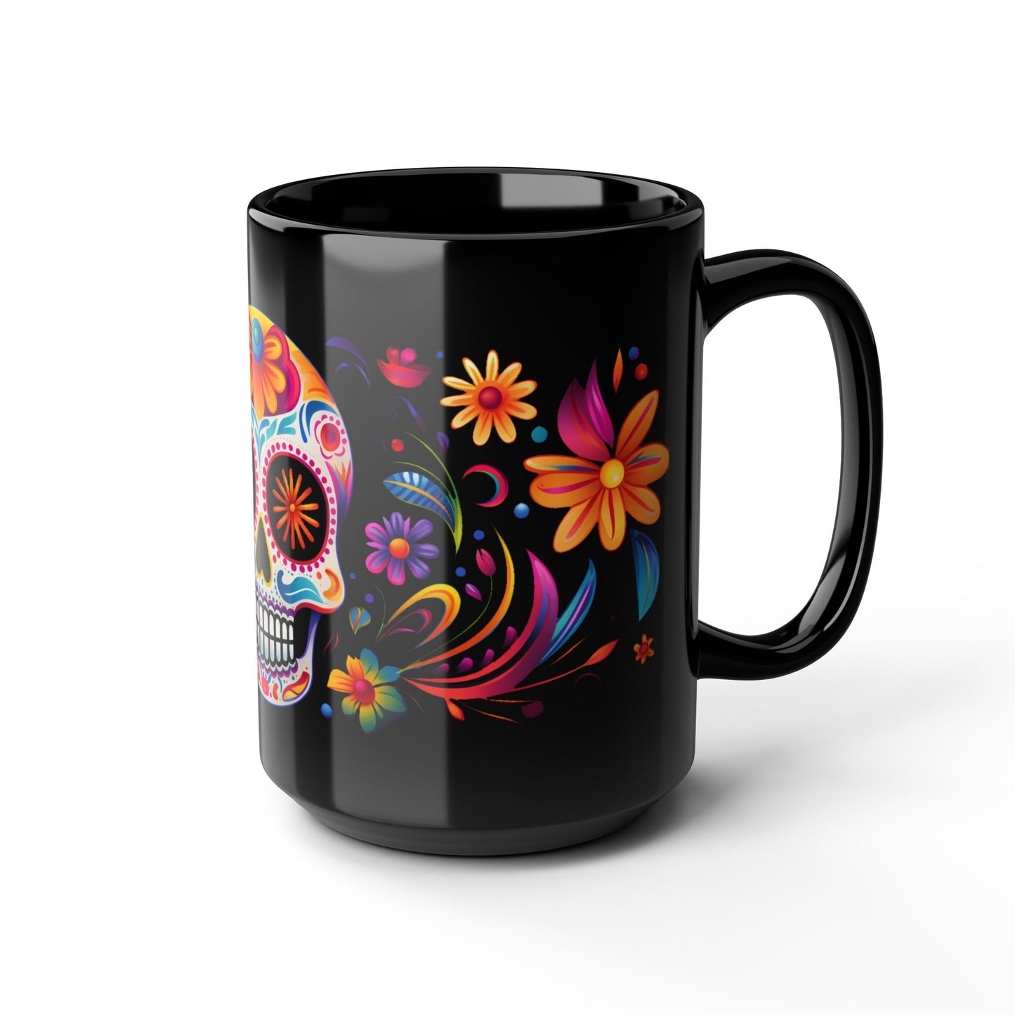 Multi-color Calavera Día de los Muertos Mug | Black Mug, 15oz , Dia De Muerto , Dia de Muertos Decor