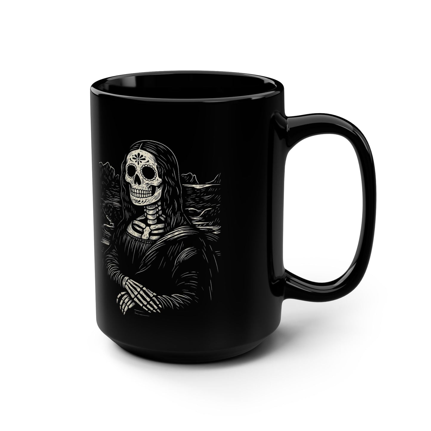 Mona Lisa Calavera Mug, Calavera Otono Fan Art | Black Mug, 15oz