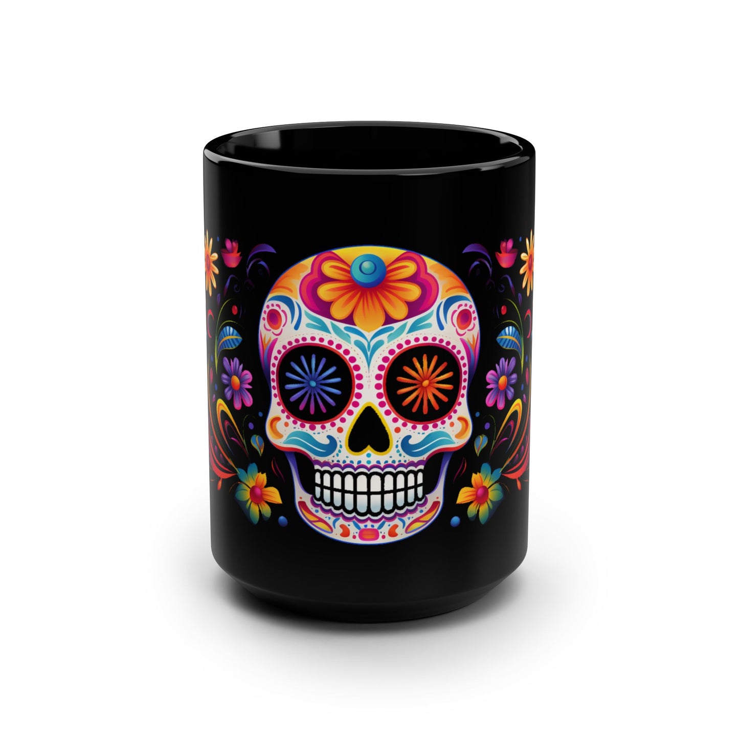 Multi-color Calavera Día de los Muertos Mug | Black Mug, 15oz , Dia De Muerto , Dia de Muertos Decor