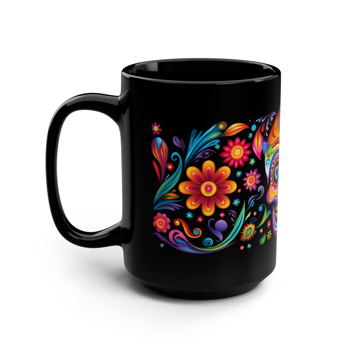 Vibrant Calavera Día de los Muertos Mug — Black Mug, 15oz , Dia De Muerto , Dia de Muertos Decor (view 3 of 11)