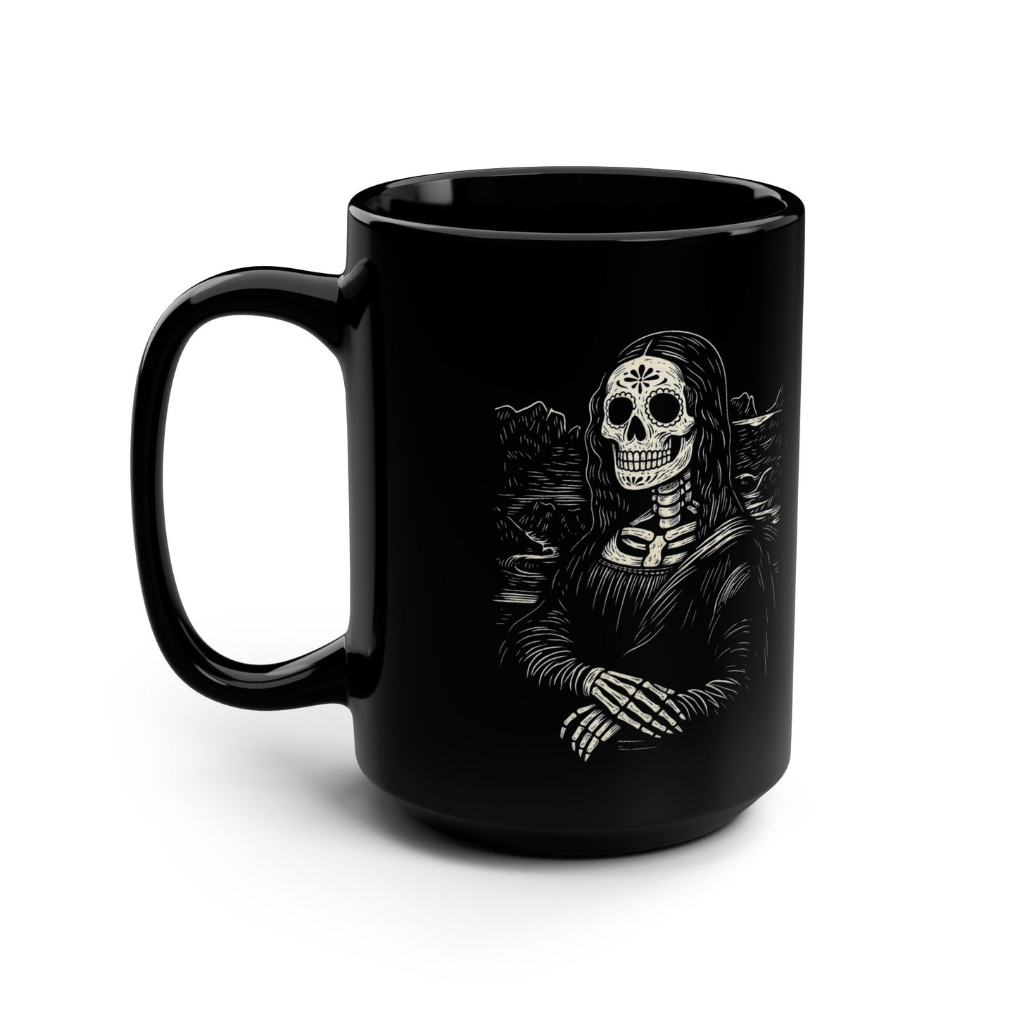 Mona Lisa Calavera Mug, Calavera Otono Fan Art | Black Mug, 15oz