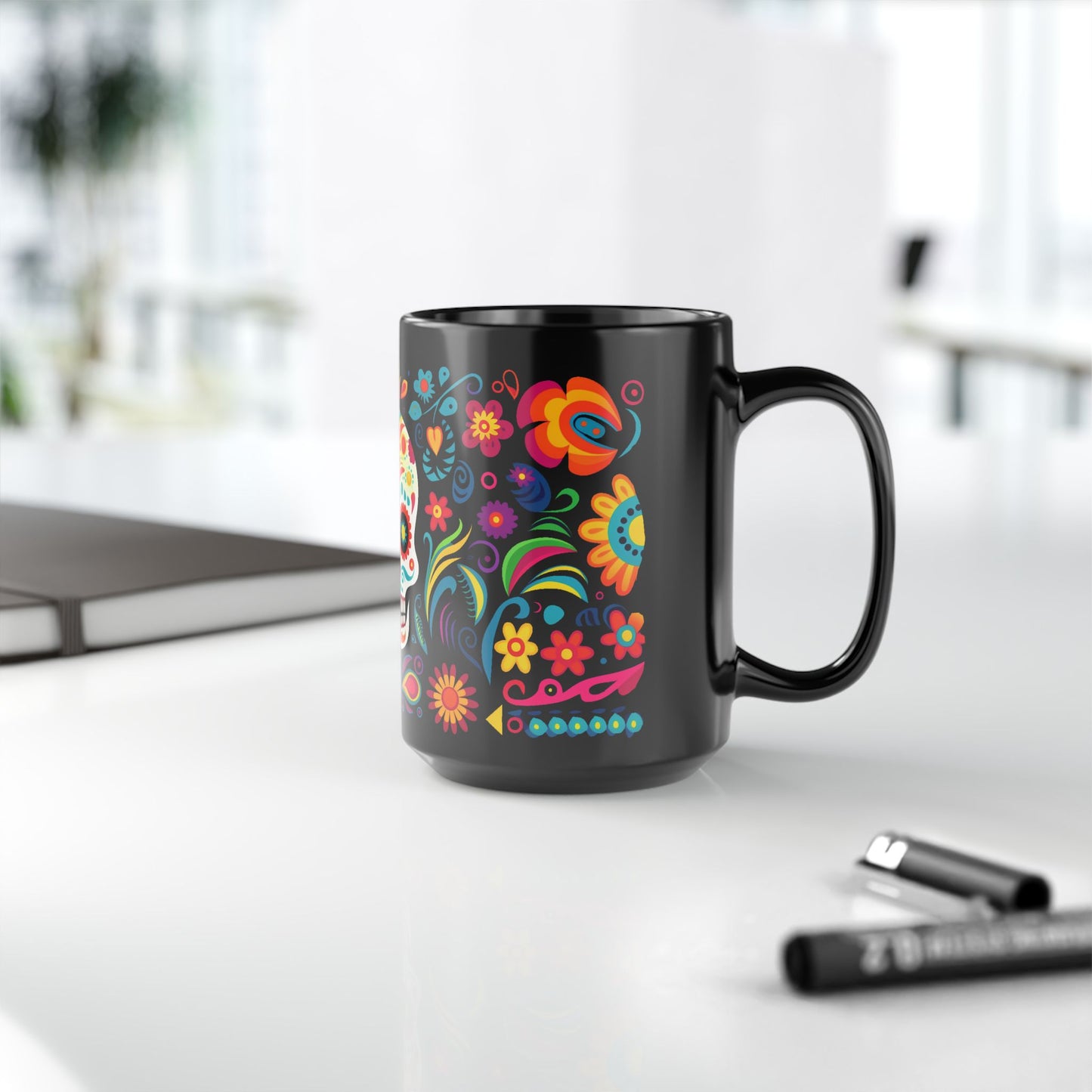 Skull Calavera Día de los Muertos Mug | Black Mug, 15oz , Dia De Muerto , Dia de Muertos Decor