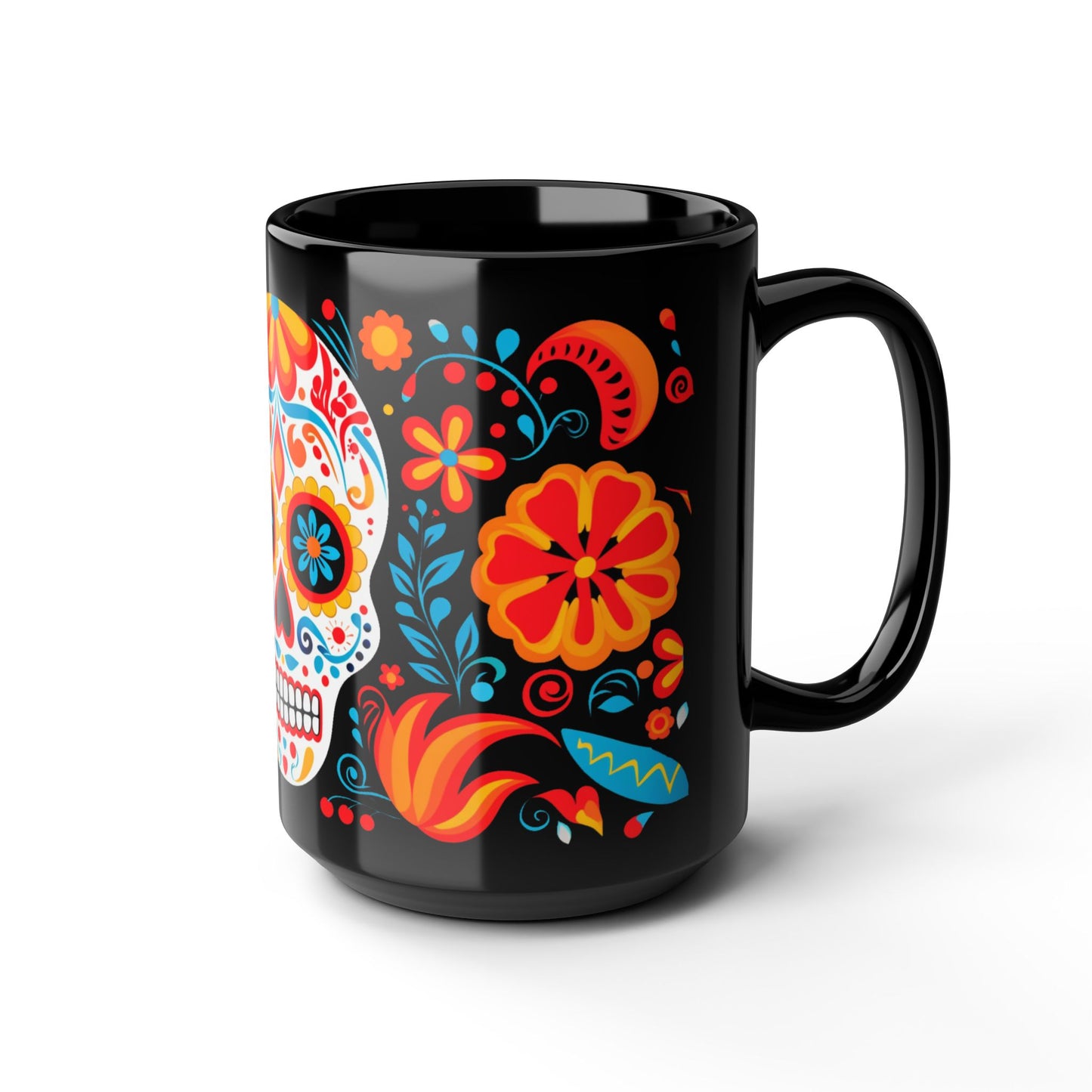 Marigold Calavera Día de los Muertos Mug | Black Mug, 15oz , Dia De Muerto , Dia de Muertos Decor