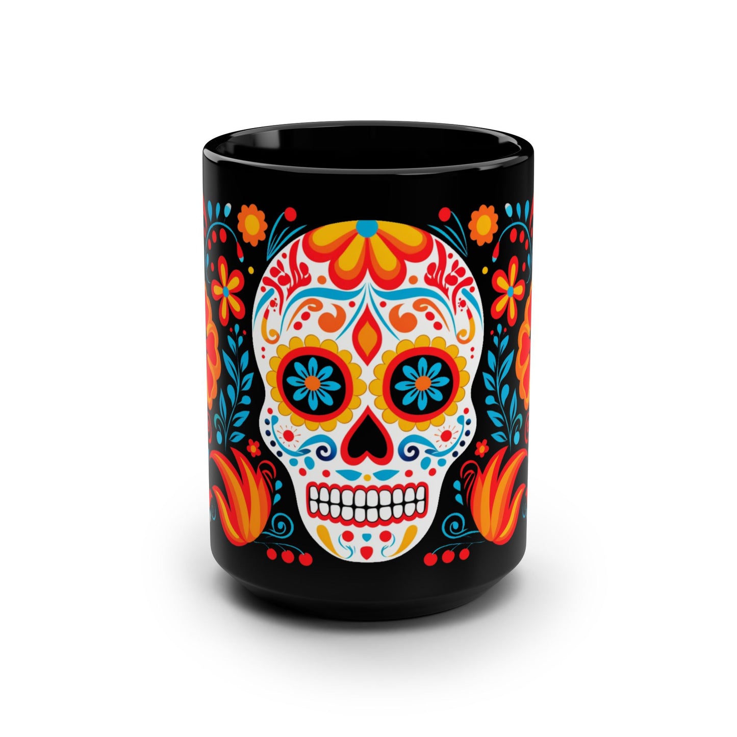 Marigold Calavera Día de los Muertos Mug | Black Mug, 15oz , Dia De Muerto , Dia de Muertos Decor