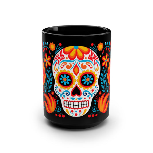 Marigold Calavera Día de los Muertos Mug — Black Mug, 15oz , Dia De Muerto , Dia de Muertos Decor