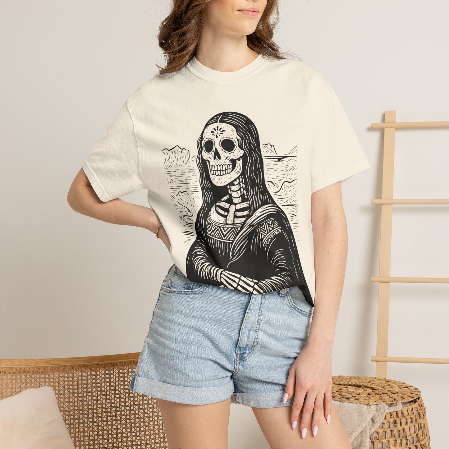 Mona Lisa Calavera Tee | Dia De los Muertos Fine Art Shirt, Eskeletos Remix, Latina owned business support,