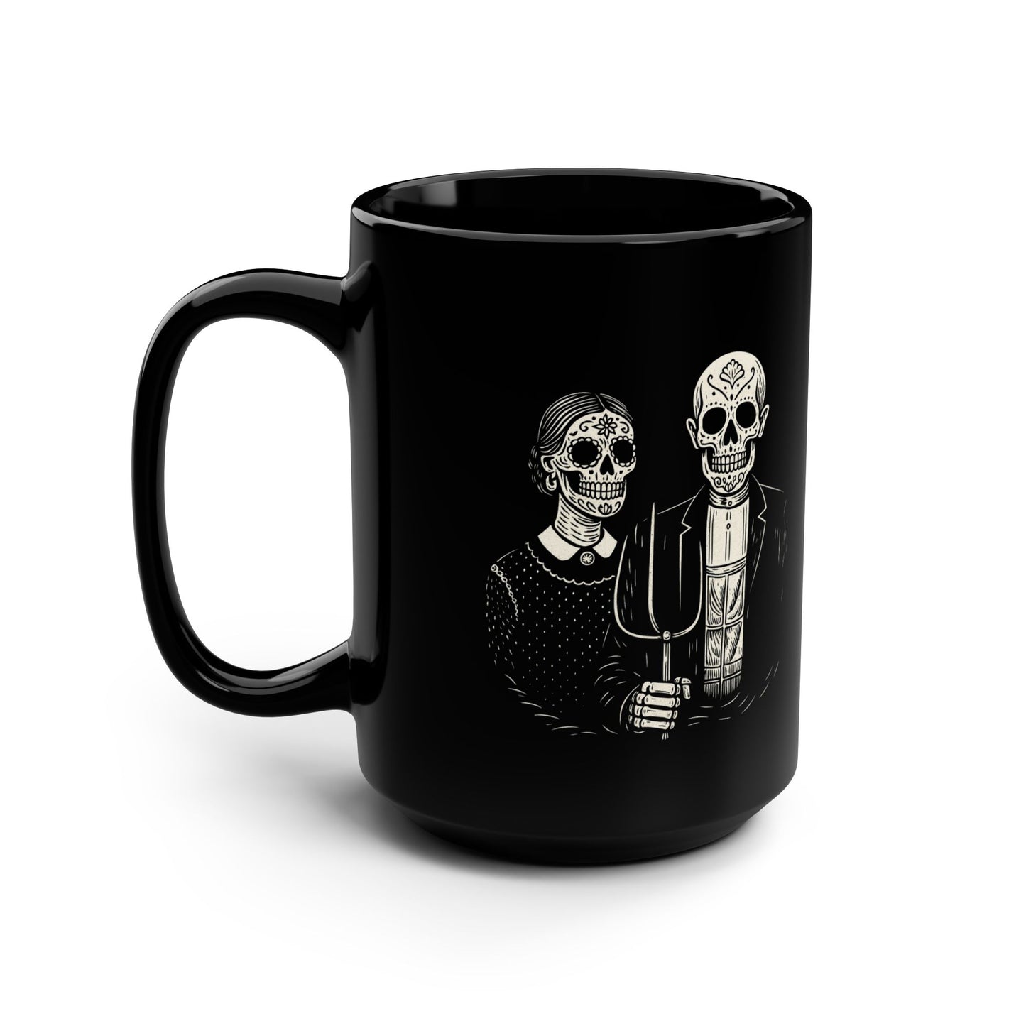 American Gothic Calavera Mug, Calavera Otono Fan Art | Black Mug, 15oz