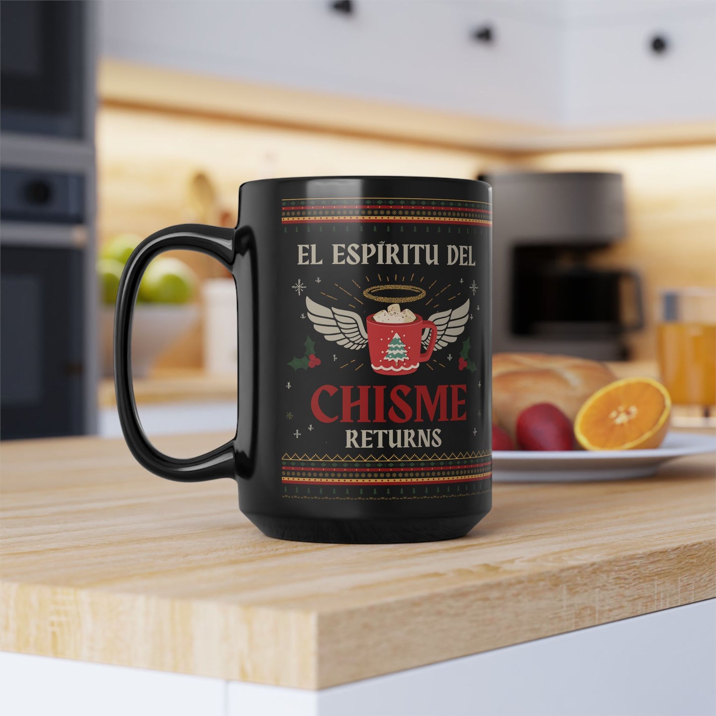 El Espiritu de Chisme Navidad Mug Art | Black Mug, 15oz Tazo de Regalo | Taza de Navidad