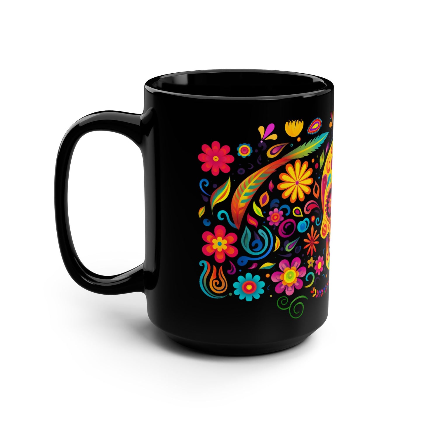 Yellow La Calavera Día de los Muertos Mug | Black Mug, 15oz , Dia De Muerto , Dia de Muertos Decor