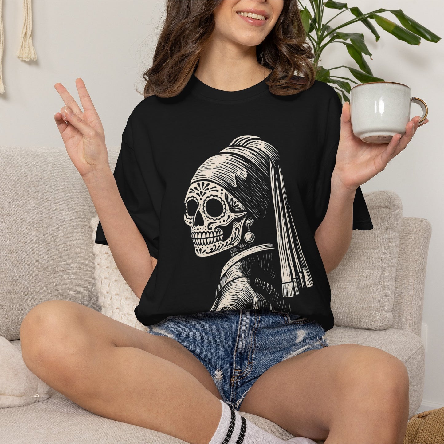 Girl with the Pearl Earring Calavera Tee | Dia De los Muertos Fine Art Shirt, Eskeletos Remix, Latina owned business support,
