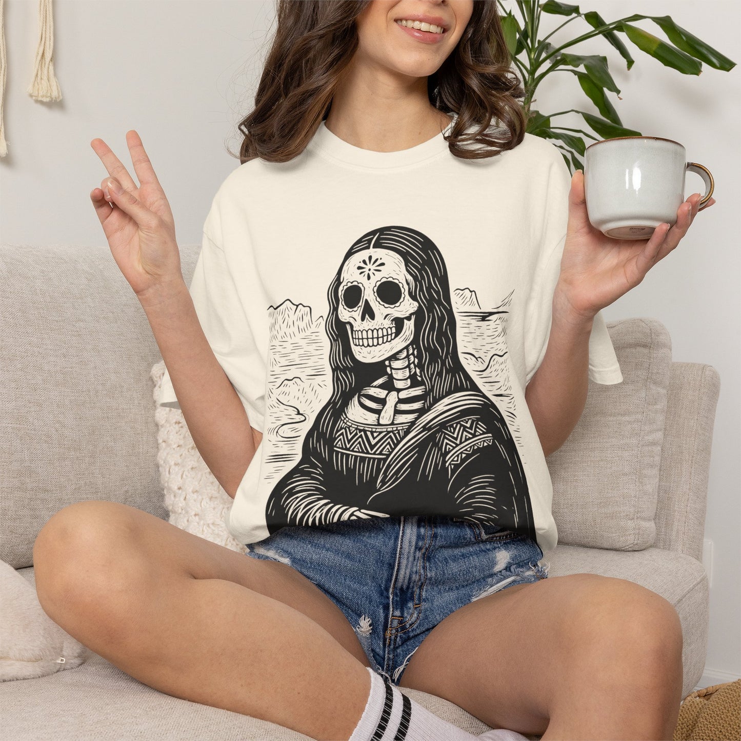 Mona Lisa Calavera Tee | Dia De los Muertos Fine Art Shirt, Eskeletos Remix, Latina owned business support,
