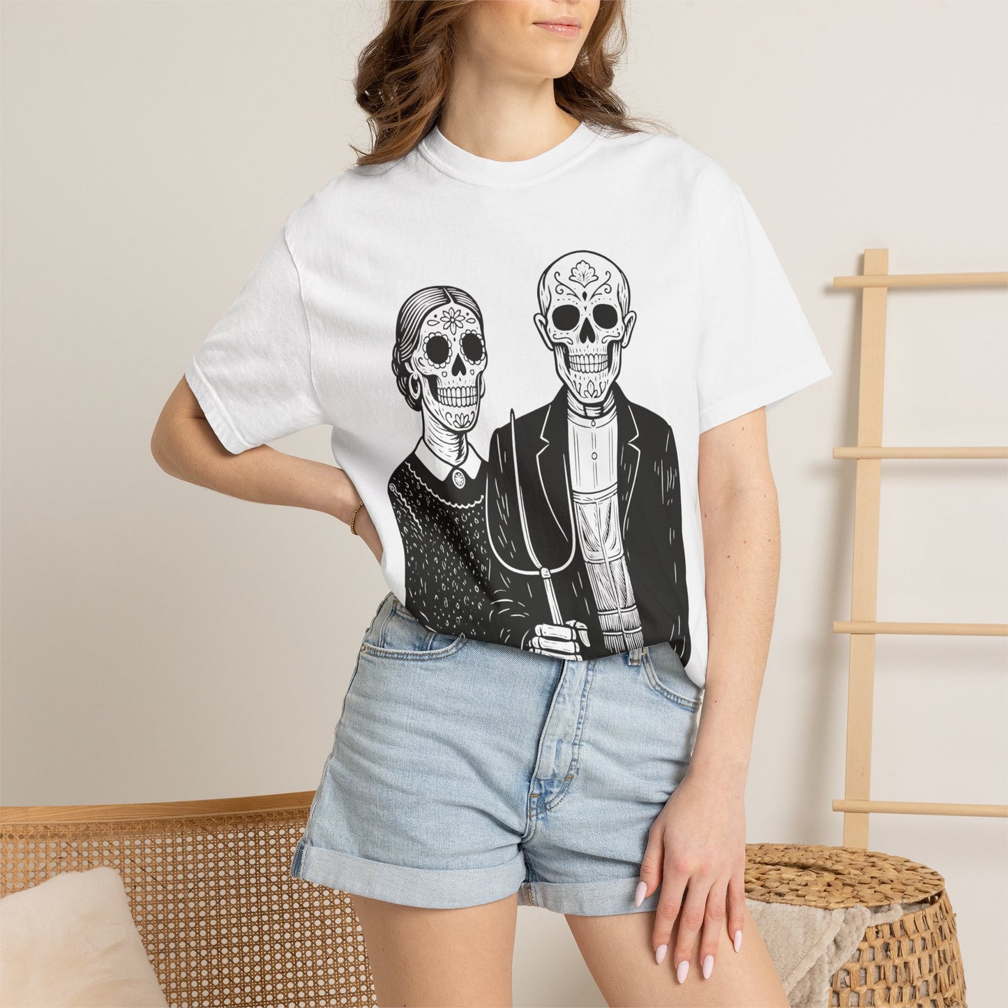 Somos De la Tierra | Dia De los Muertos Fine Art Shirt, Eskeletos  American Gothic Remix, Latina owned business support,