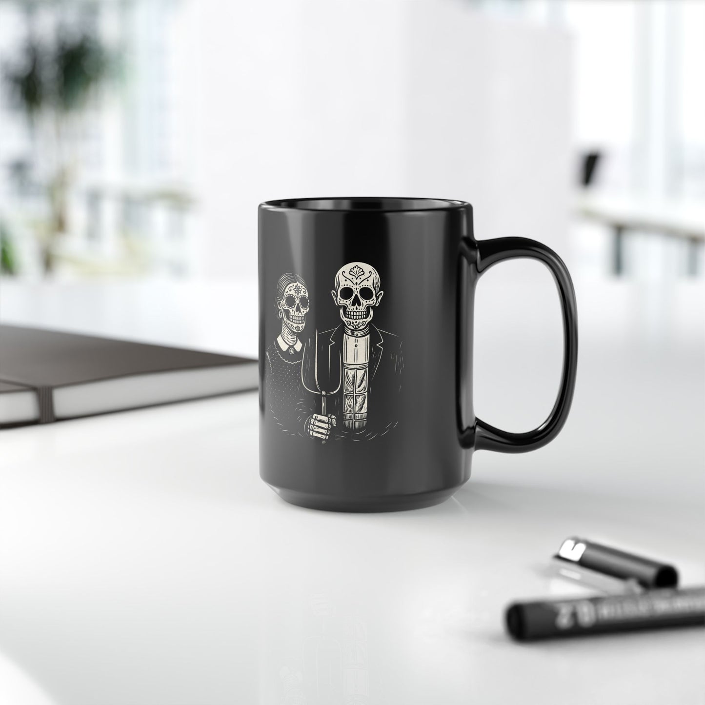 American Gothic Calavera Mug, Calavera Otono Fan Art | Black Mug, 15oz