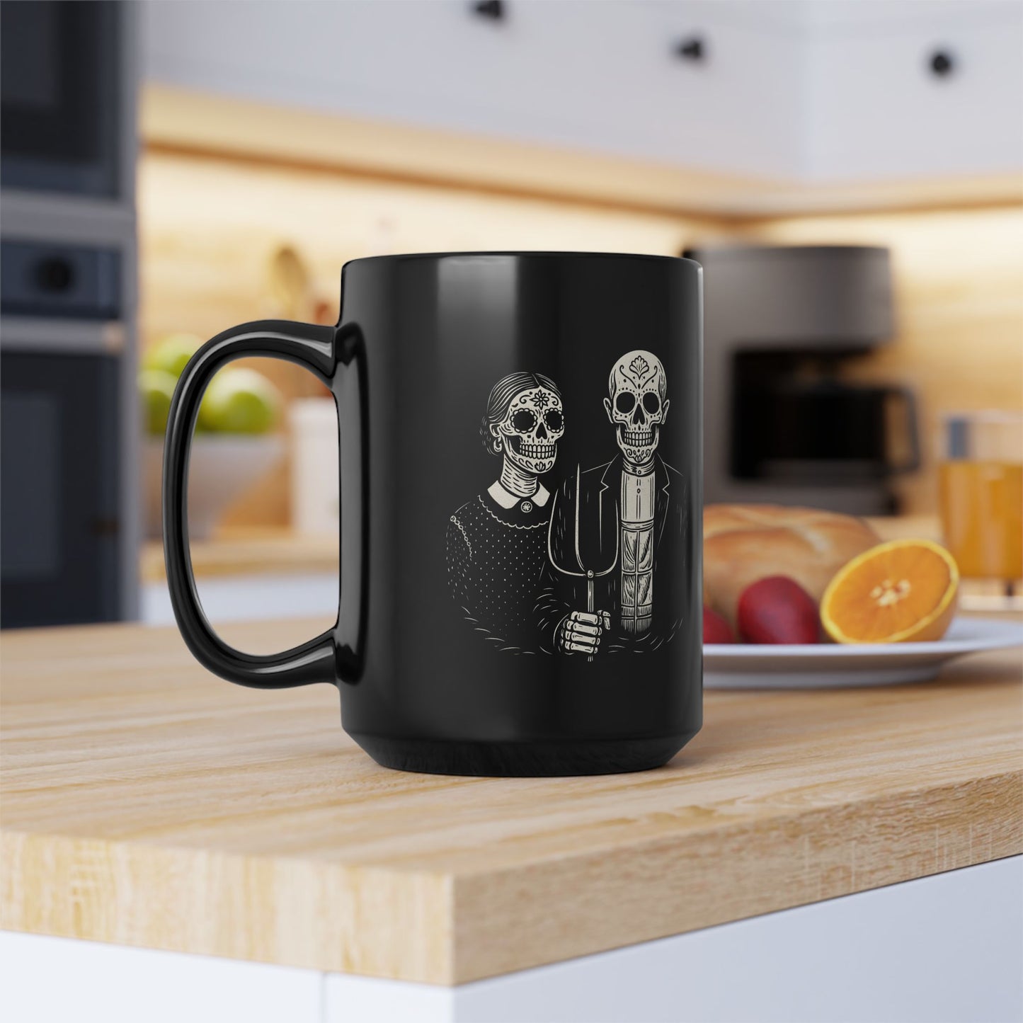 American Gothic Calavera Mug, Calavera Otono Fan Art | Black Mug, 15oz