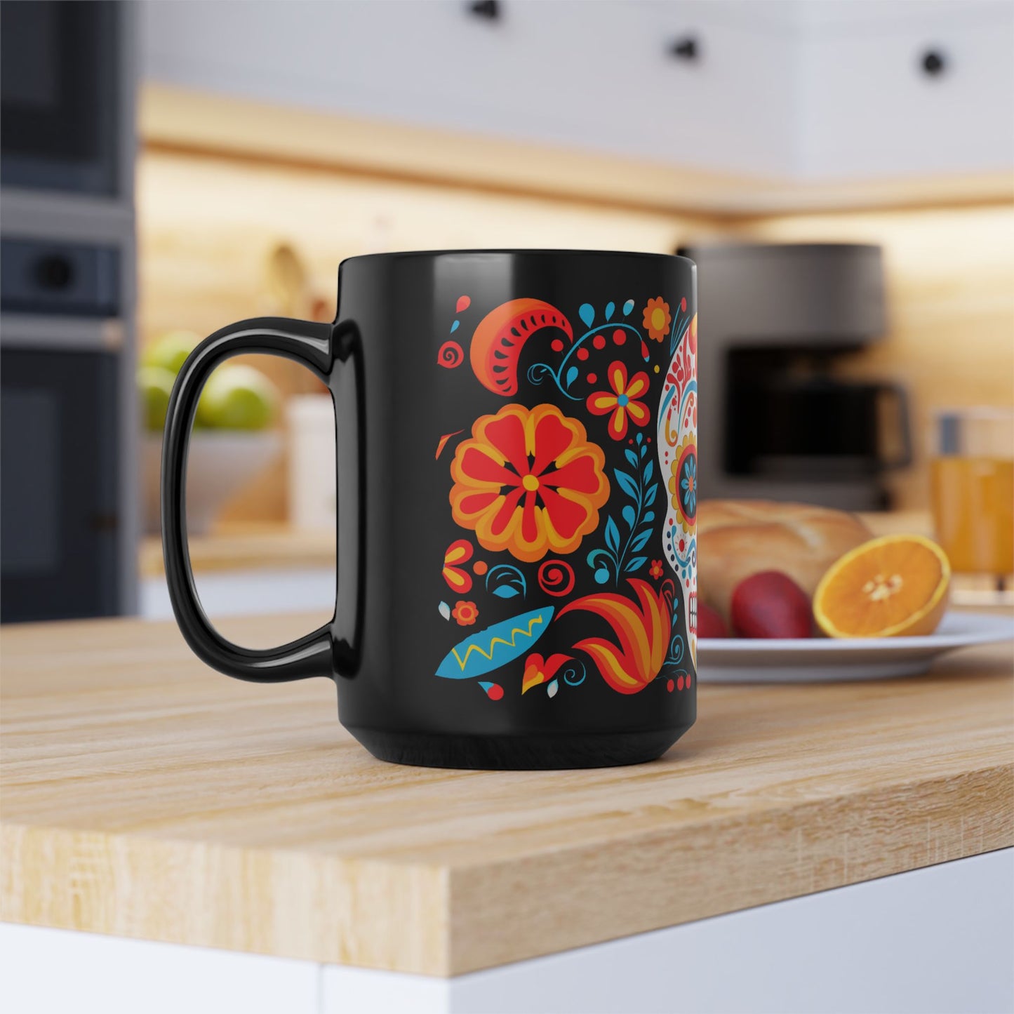 Marigold Calavera Día de los Muertos Mug | Black Mug, 15oz , Dia De Muerto , Dia de Muertos Decor