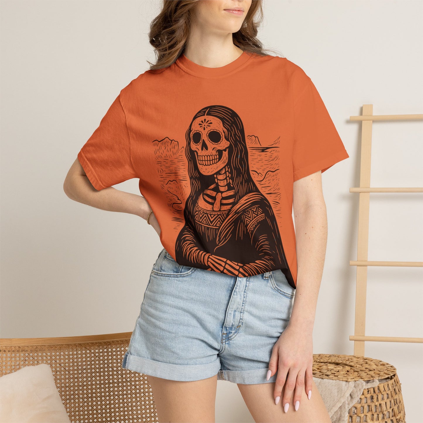 Mona Lisa Calavera Tee | Dia De los Muertos Fine Art Shirt, Eskeletos Remix, Latina owned business support,