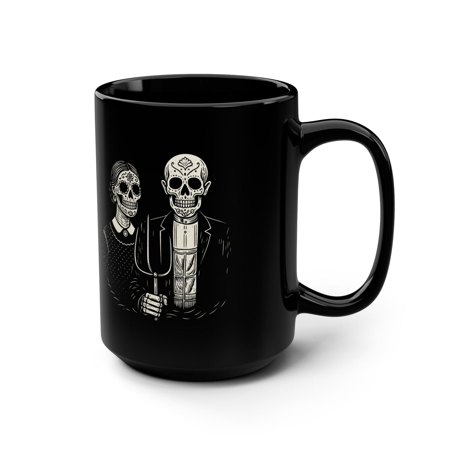 American Gothic Calavera Mug, Calavera Otono Fan Art | Black Mug, 15oz