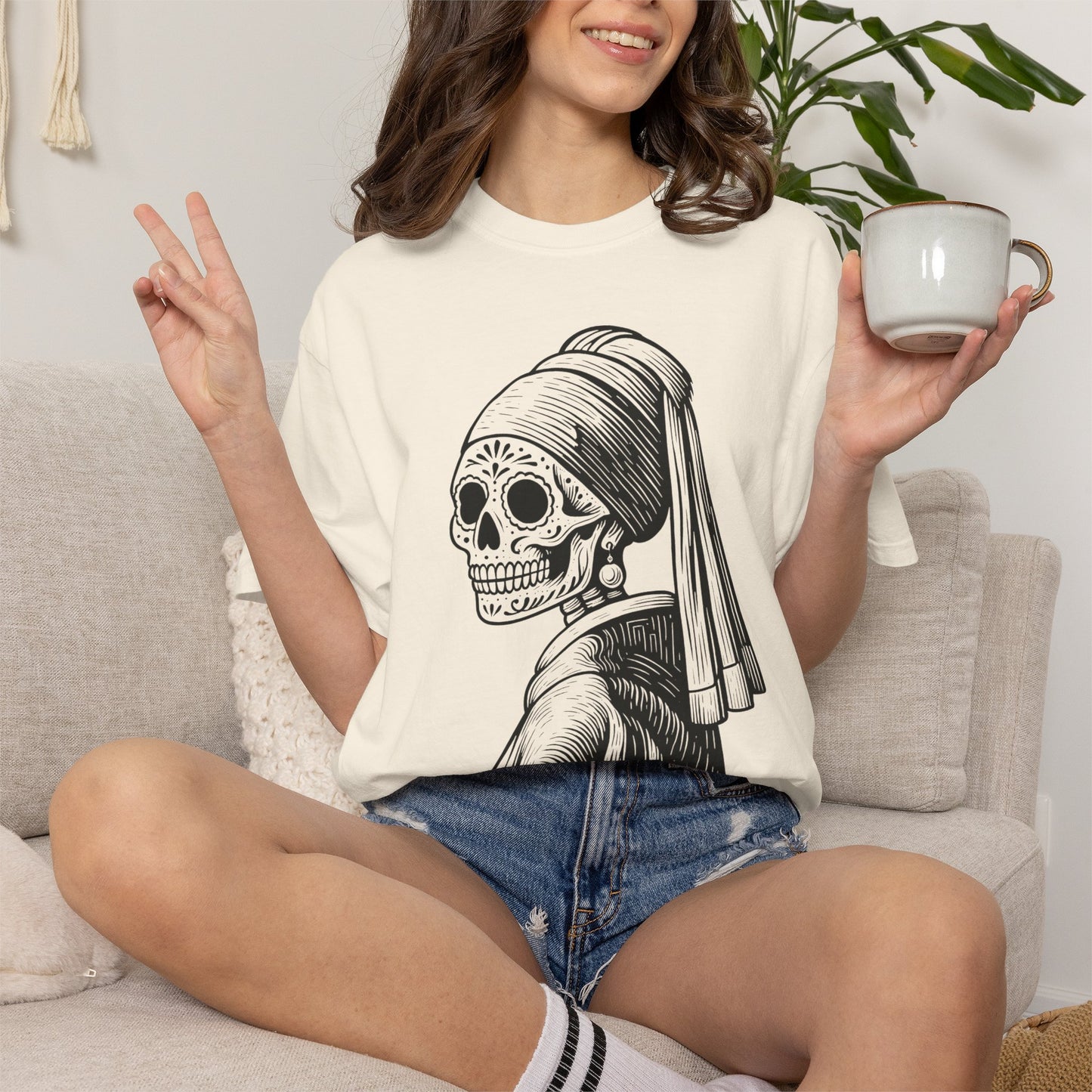 Girl with the Pearl Earring Calavera Tee | Dia De los Muertos Fine Art Shirt, Eskeletos Remix, Latina owned business support,