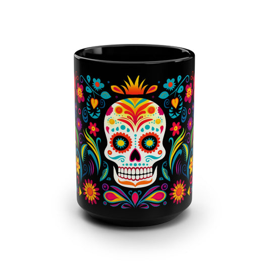 Skull Calavera Día de los Muertos Mug — Black Mug, 15oz , Dia De Muerto , Dia de Muertos Decor