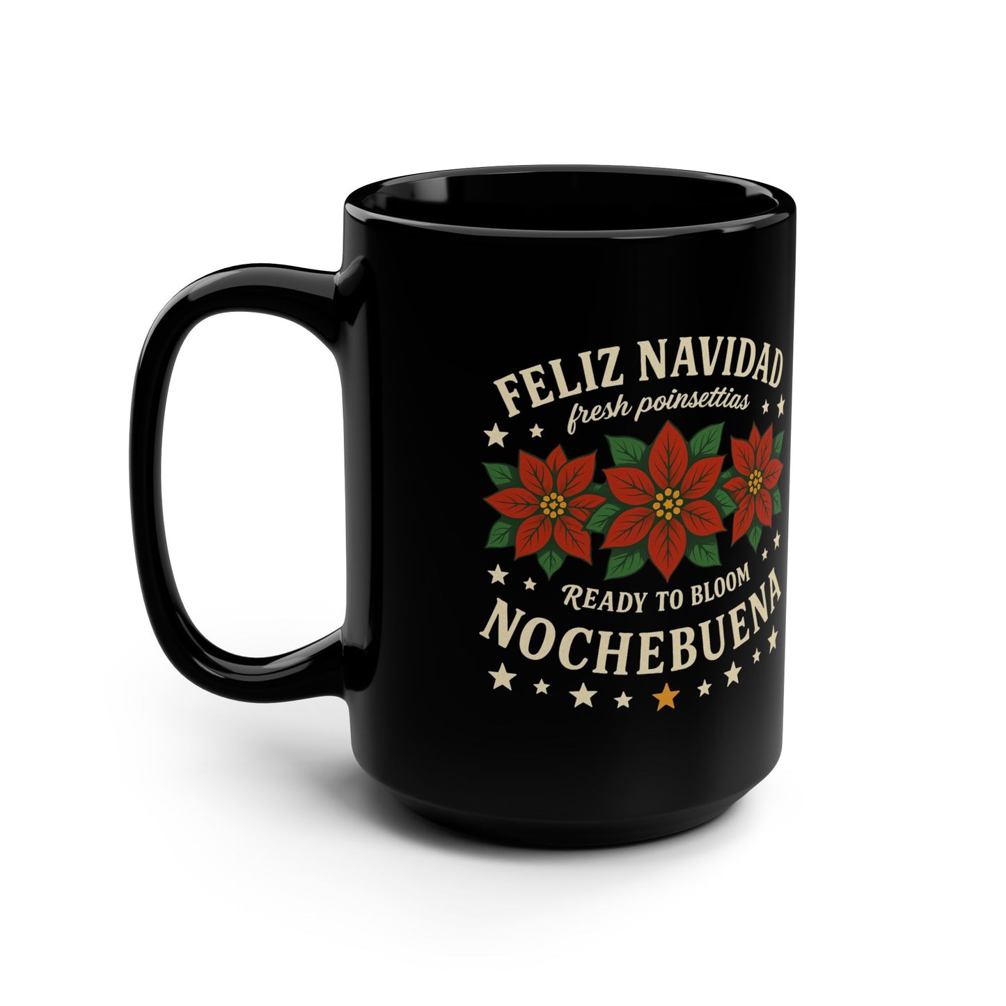 Noche Buena, Poinsettia Feliz Navidad Mug Art | Black Mug, 15oz Tazo de Regalo