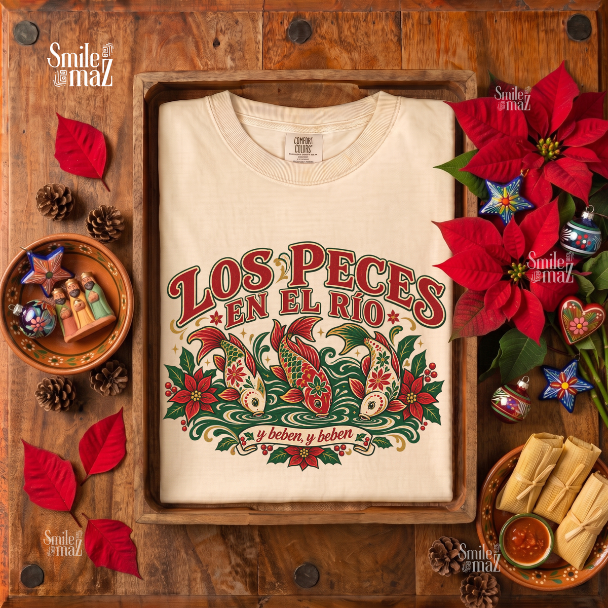 Los Peces en el Rio Shirt - Mexican Christmas Villancico Tee - Navidad Poinsettia Gift