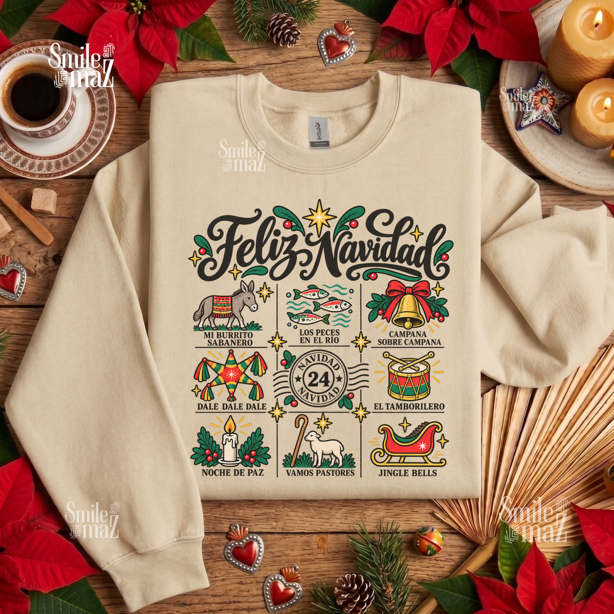Camisa Navidad Villancicos Sweatshirt - Feliz Navidad Mexican Christmas Sweater - Mi Burrito Sabanero Los Peces en el Rio