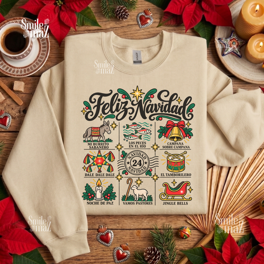 Camisa Navidad Villancicos Sweatshirt - Feliz Navidad Mexican Christmas Sweater - Mi Burrito Sabanero Los Peces en el Rio