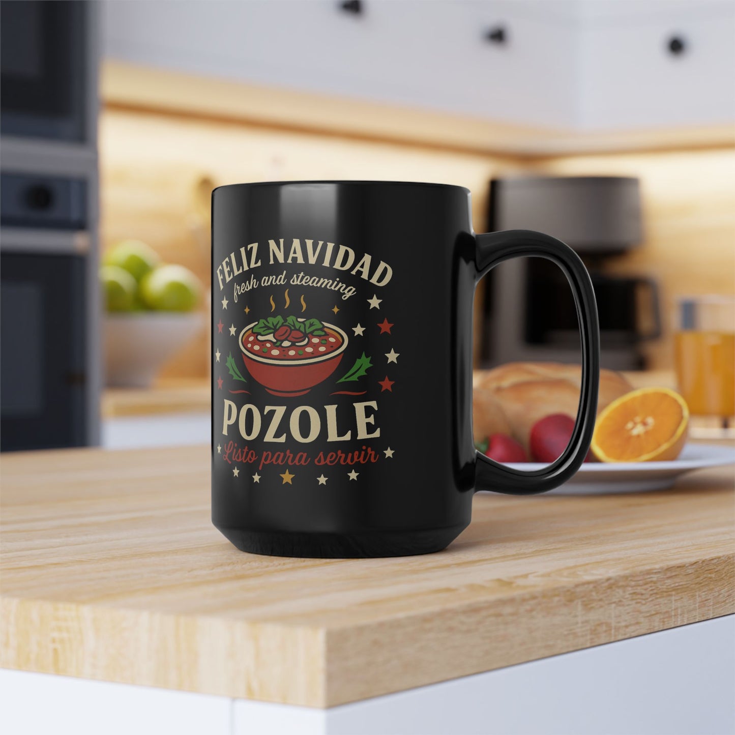 Noche Buena, Pozole Feliz Navidad Mug Art | Black Mug, 15oz Tazo de Regalo