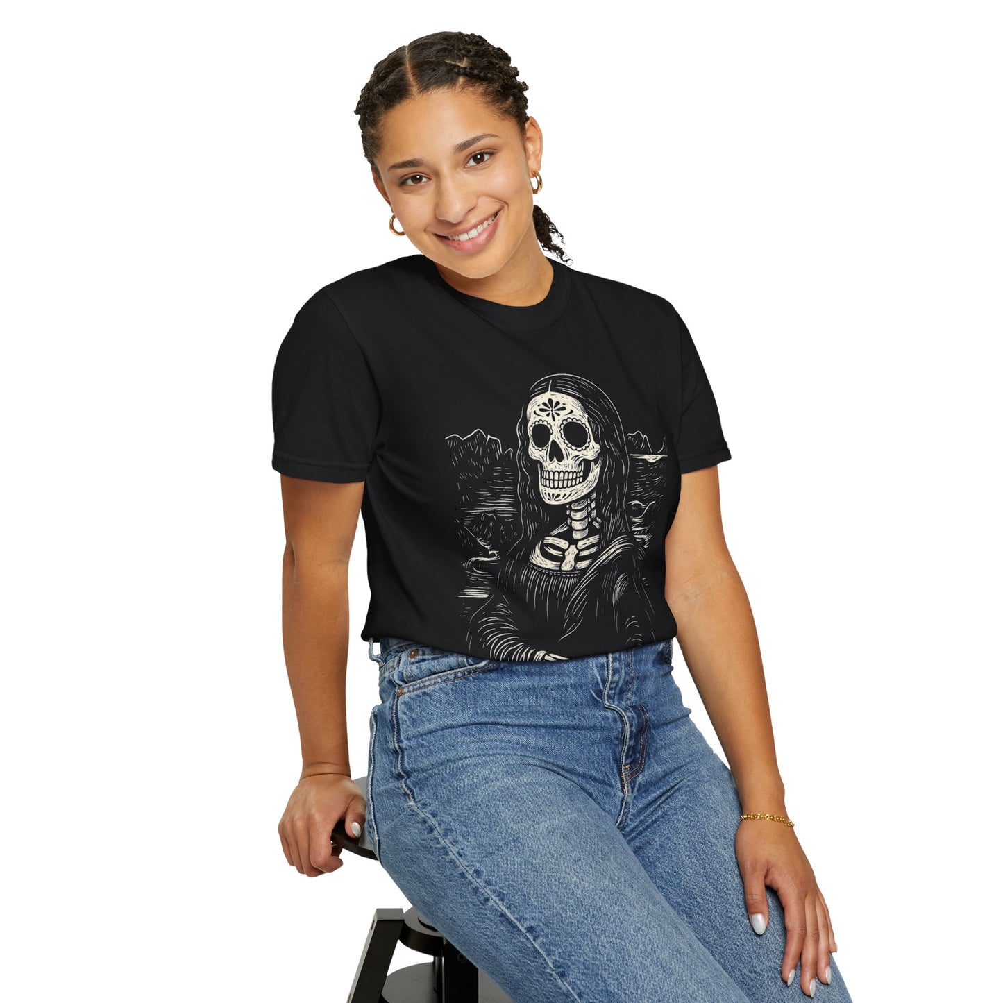 Mona Lisa Calavera Tee | Dia De los Muertos Fine Art Shirt, Eskeletos Remix, Latina owned business support,