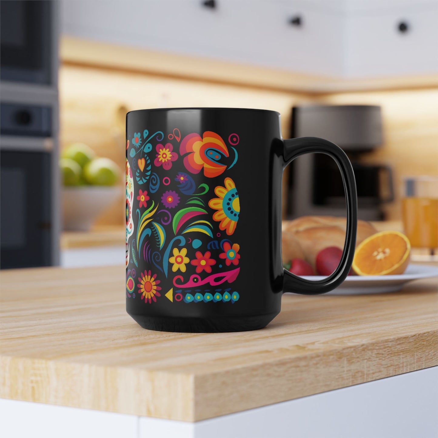 Skull Calavera Día de los Muertos Mug | Black Mug, 15oz , Dia De Muerto , Dia de Muertos Decor