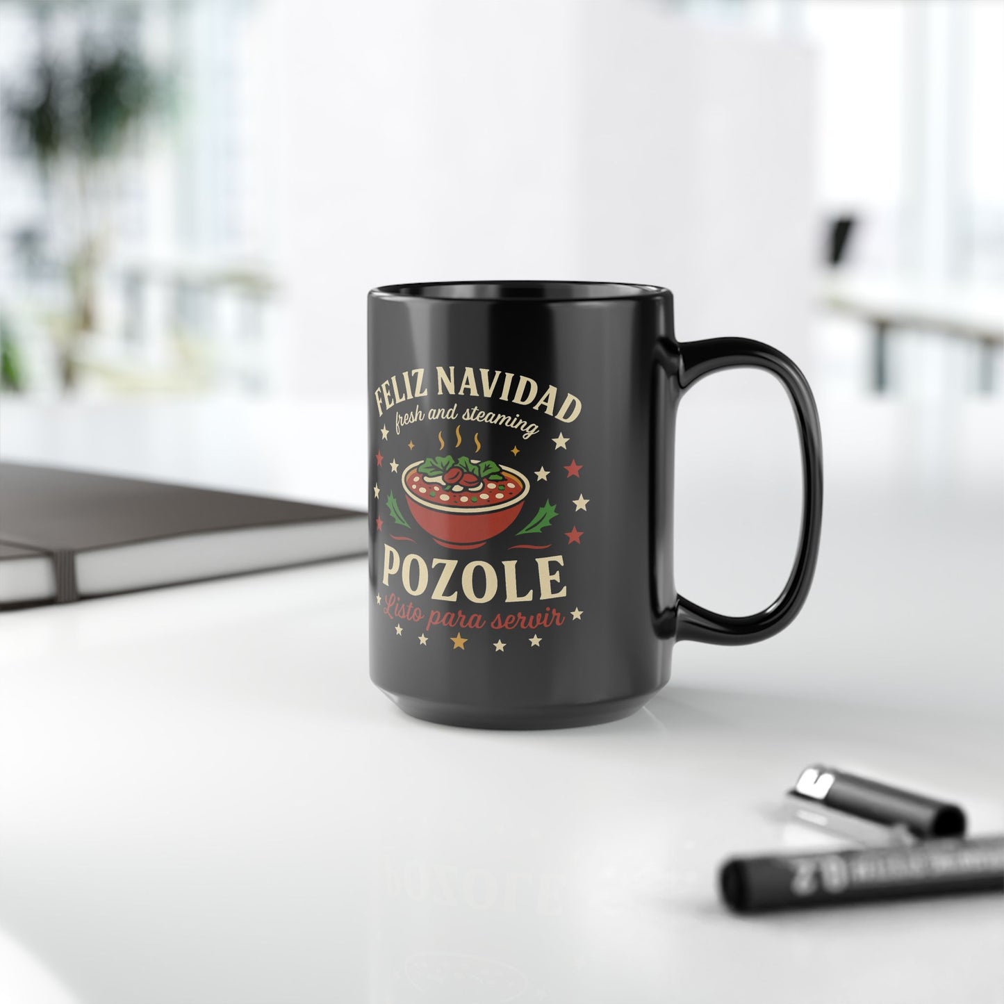 Noche Buena, Pozole Feliz Navidad Mug Art | Black Mug, 15oz Tazo de Regalo