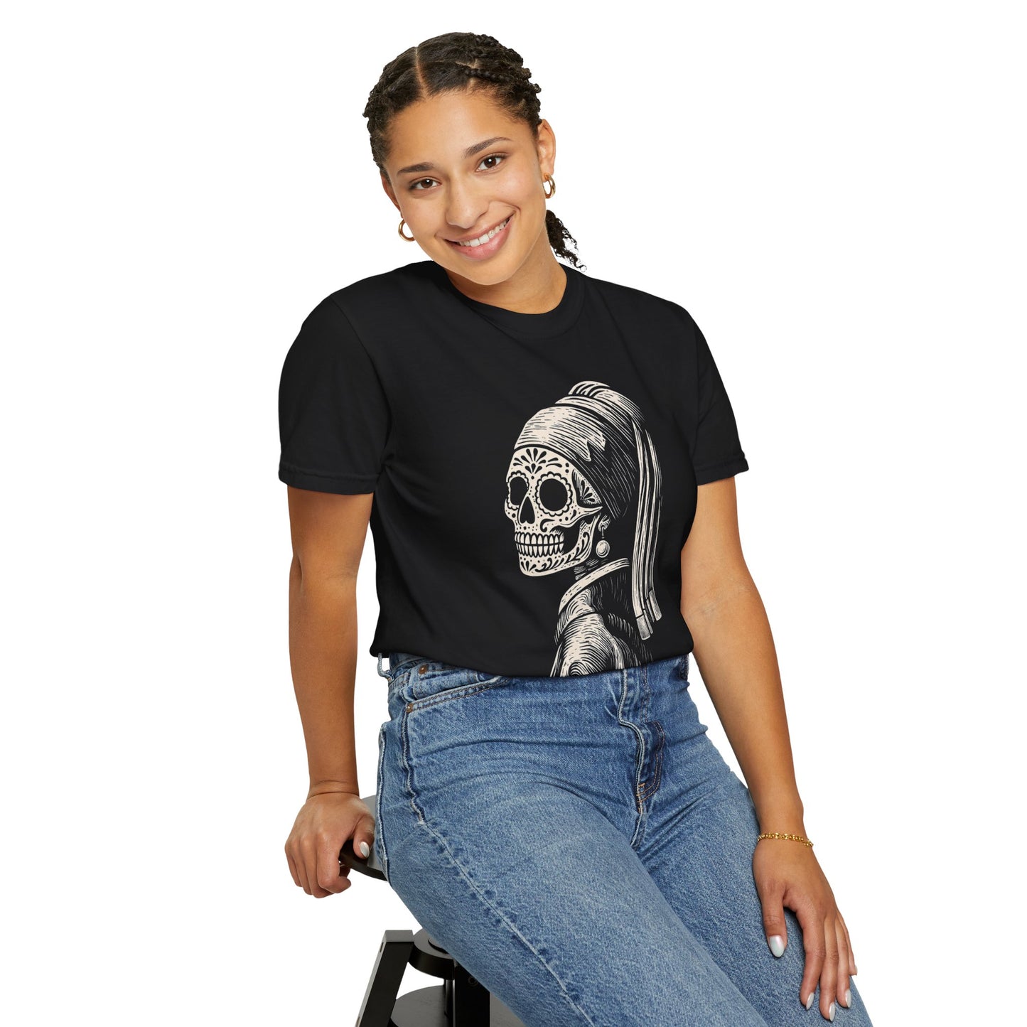Girl with the Pearl Earring Calavera Tee | Dia De los Muertos Fine Art Shirt, Eskeletos Remix, Latina owned business support,