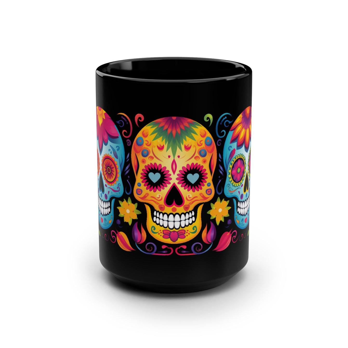Tres Calaveras Día de los Muertos Mug | Black Mug, 15oz , Dia De Muerto , Dia de Muertos Decor