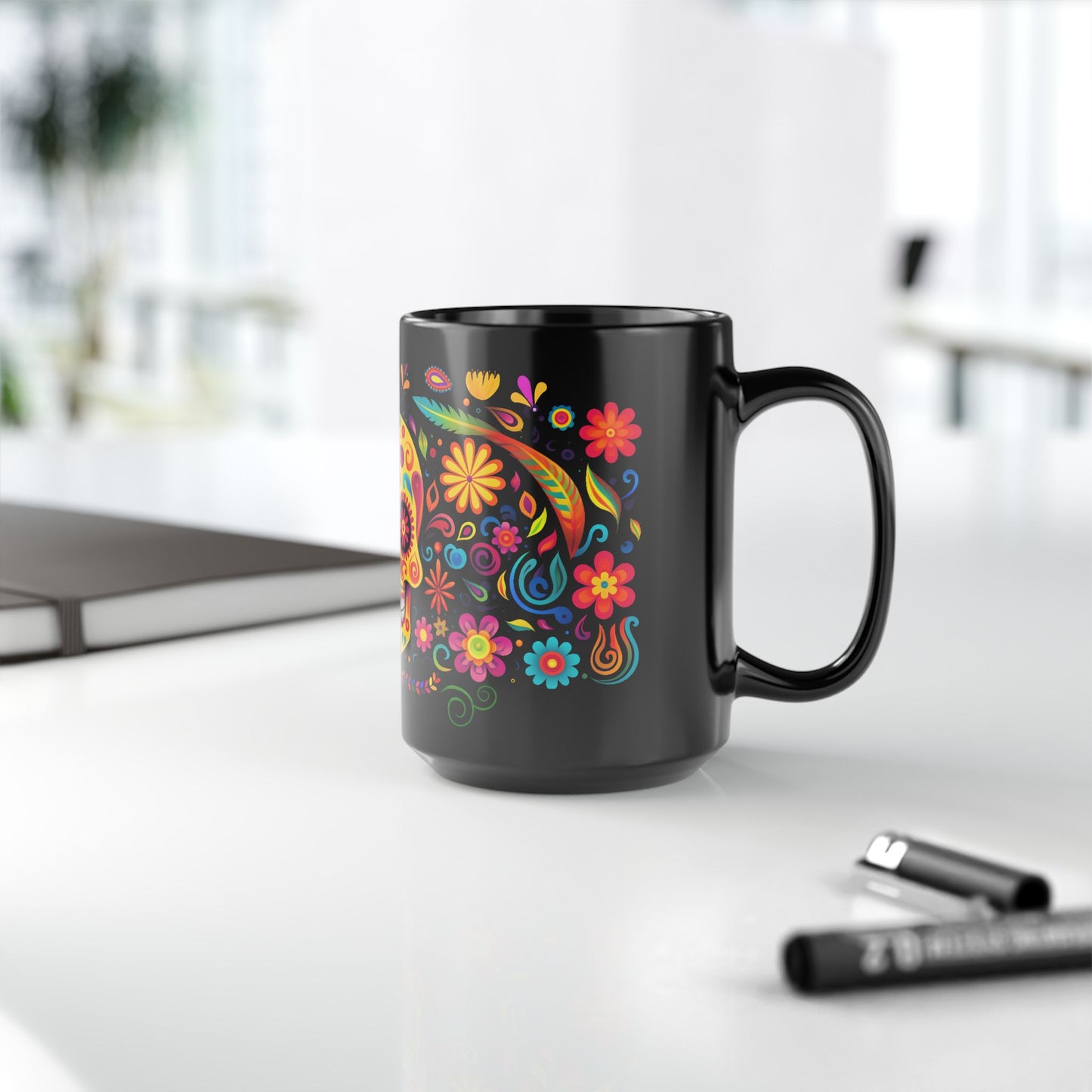 Yellow La Calavera Día de los Muertos Mug | Black Mug, 15oz , Dia De Muerto , Dia de Muertos Decor