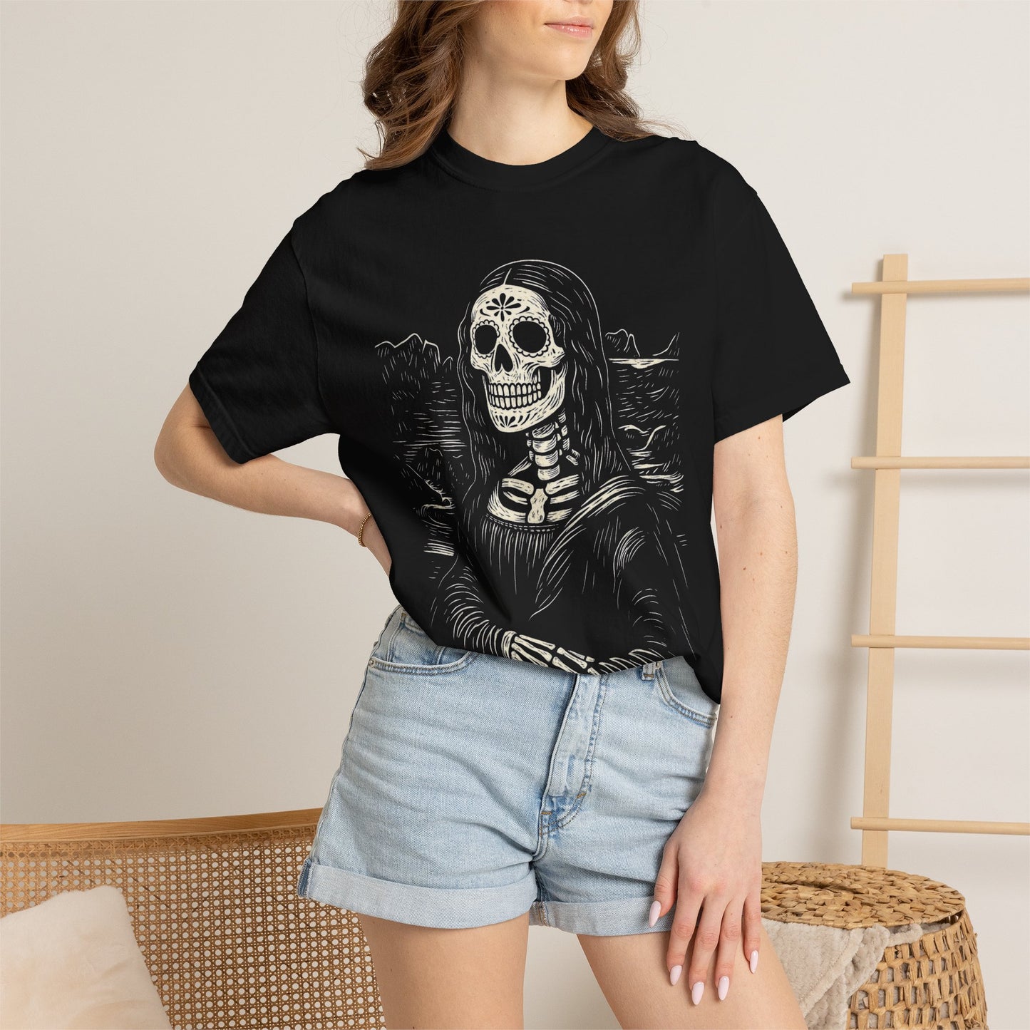 Mona Lisa Calavera Tee | Dia De los Muertos Fine Art Shirt, Eskeletos Remix, Latina owned business support,