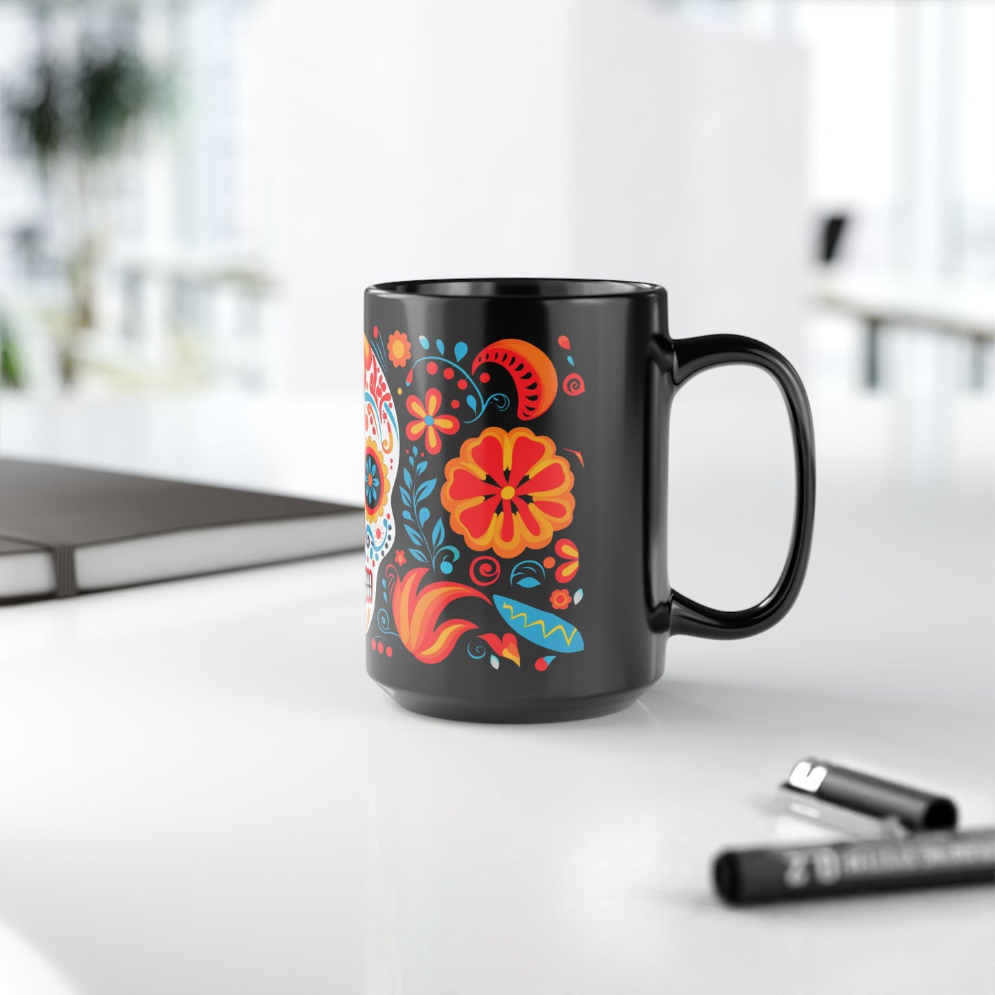 Marigold Calavera Día de los Muertos Mug | Black Mug, 15oz , Dia De Muerto , Dia de Muertos Decor