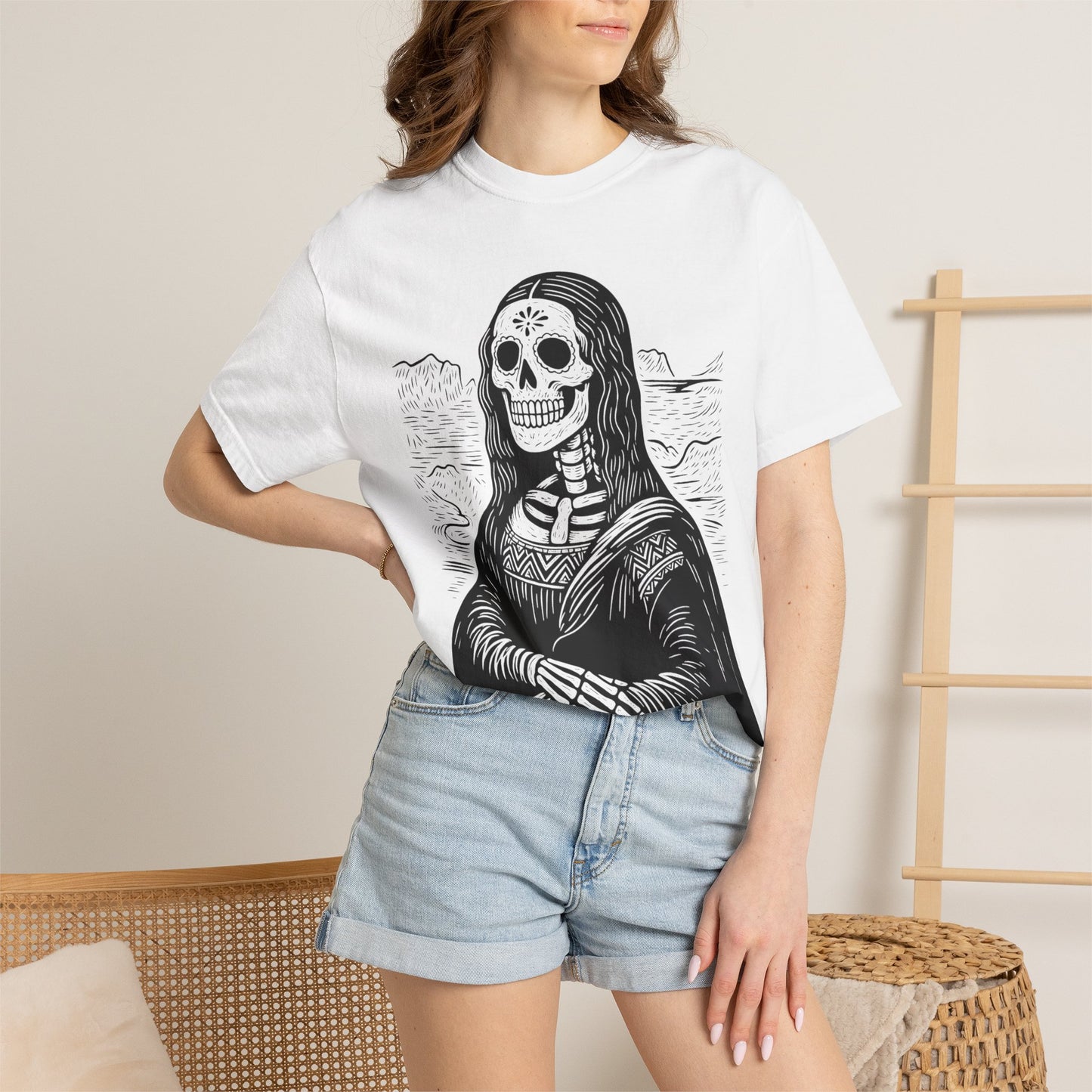 Mona Lisa Calavera Tee | Dia De los Muertos Fine Art Shirt, Eskeletos Remix, Latina owned business support,