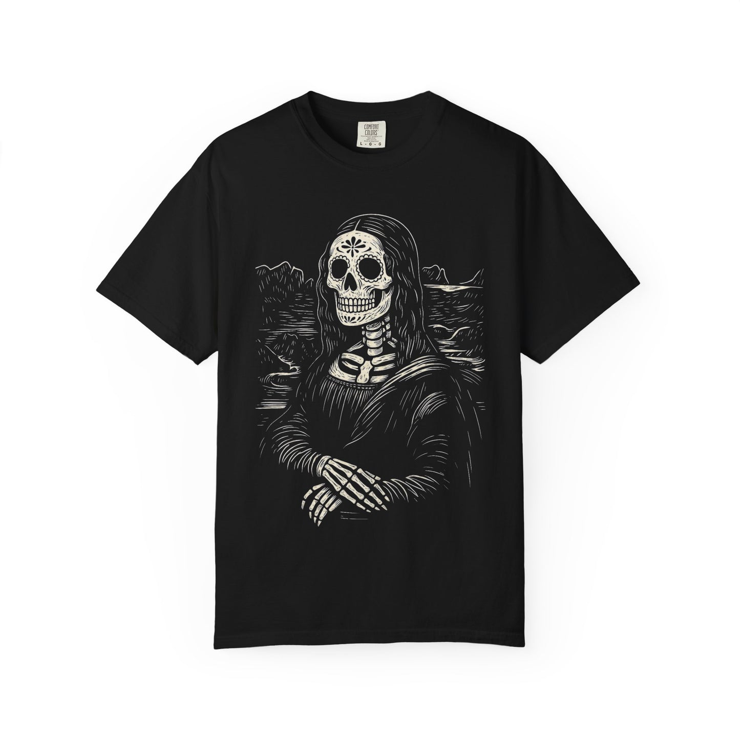 Mona Lisa Calavera Tee | Dia De los Muertos Fine Art Shirt, Eskeletos Remix, Latina owned business support,