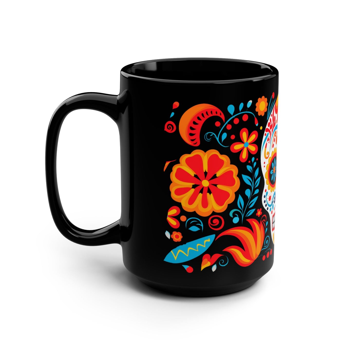 Marigold Calavera Día de los Muertos Mug | Black Mug, 15oz , Dia De Muerto , Dia de Muertos Decor