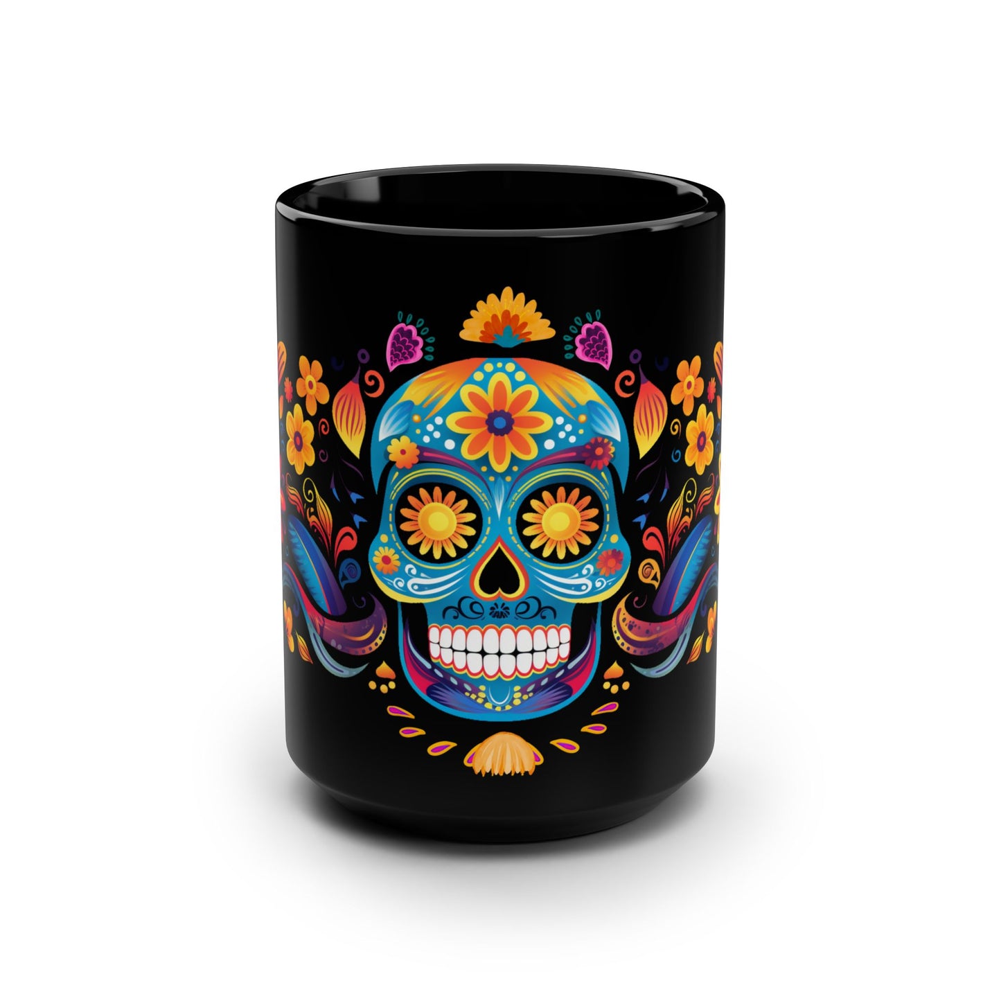 Blue La Calavera Día de los Muertos Mug | Black Mug, 15oz , Dia De Muerto , Dia de Muertos Decor
