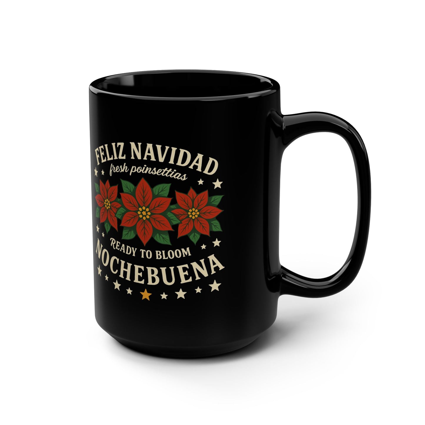 Noche Buena, Poinsettia Feliz Navidad Mug Art | Black Mug, 15oz Tazo de Regalo