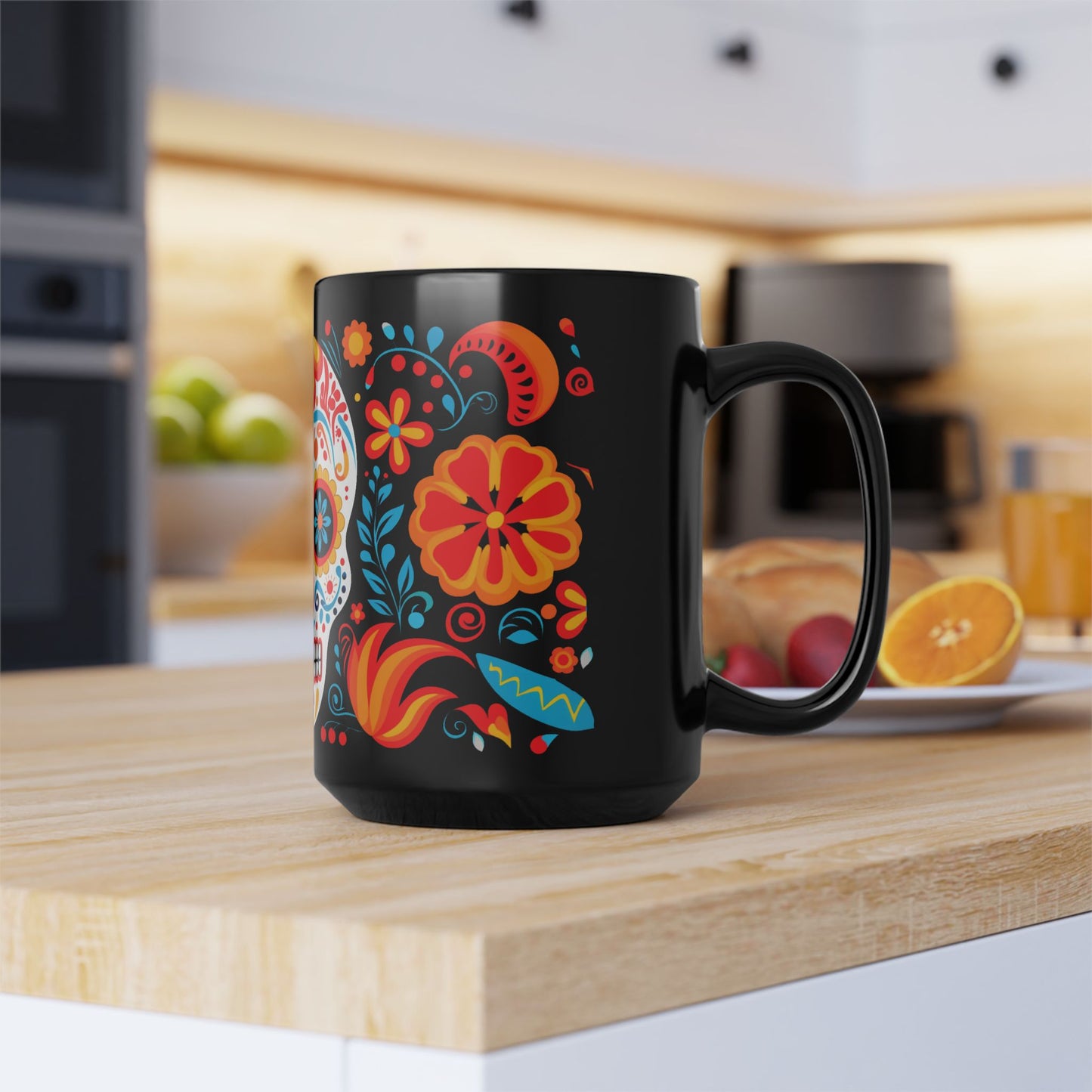 Marigold Calavera Día de los Muertos Mug | Black Mug, 15oz , Dia De Muerto , Dia de Muertos Decor