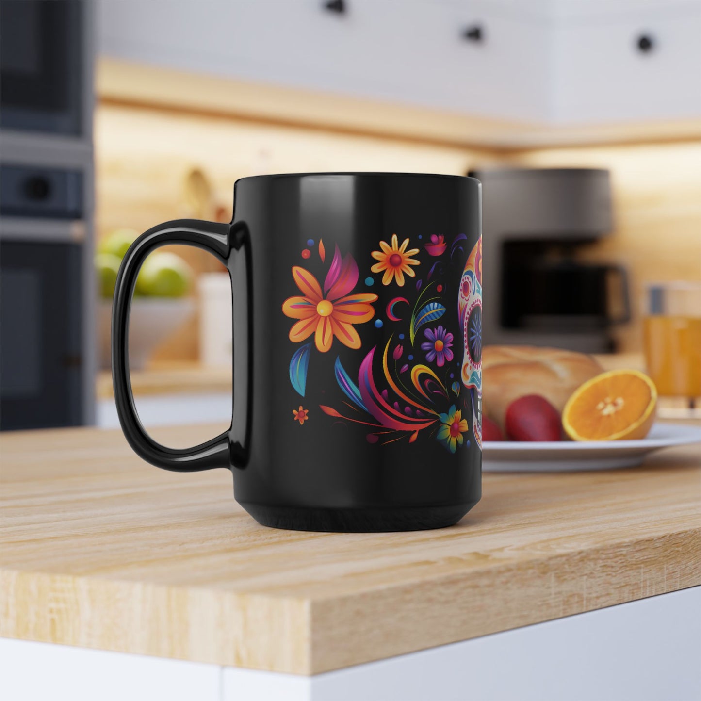 Multi-color Calavera Día de los Muertos Mug | Black Mug, 15oz , Dia De Muerto , Dia de Muertos Decor